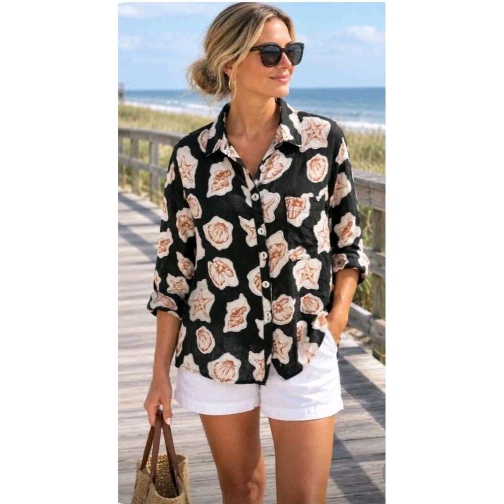 Nicole Miller Shirt Womens M Euro Flax 100% Linen Shell Print Coastal Beach Boho